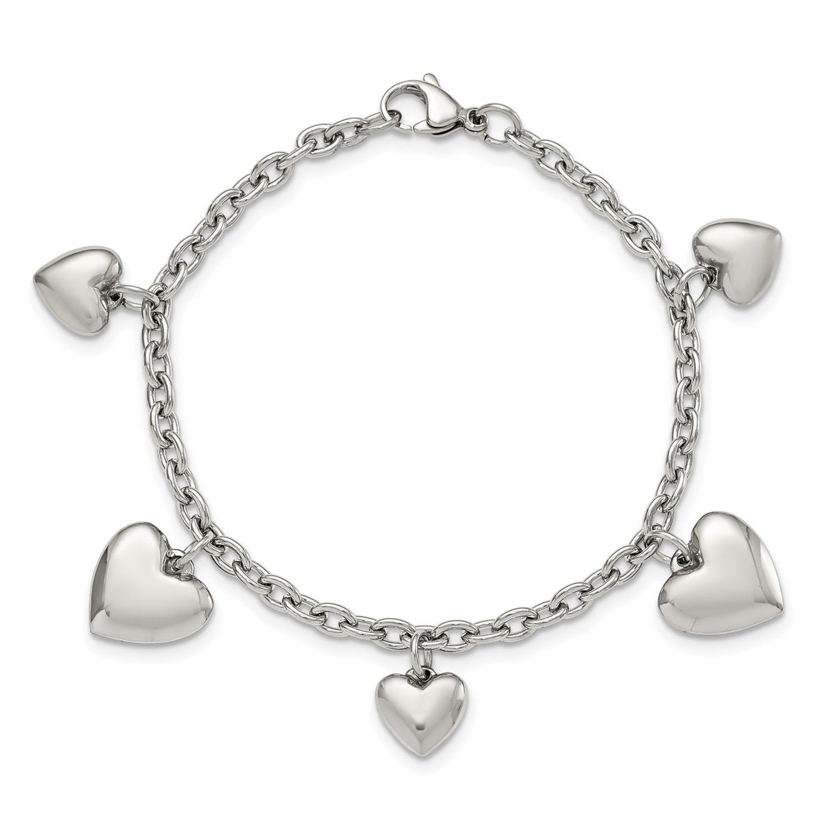 Distinctive Stainless Steel Polished Hearts 8" Bracelet