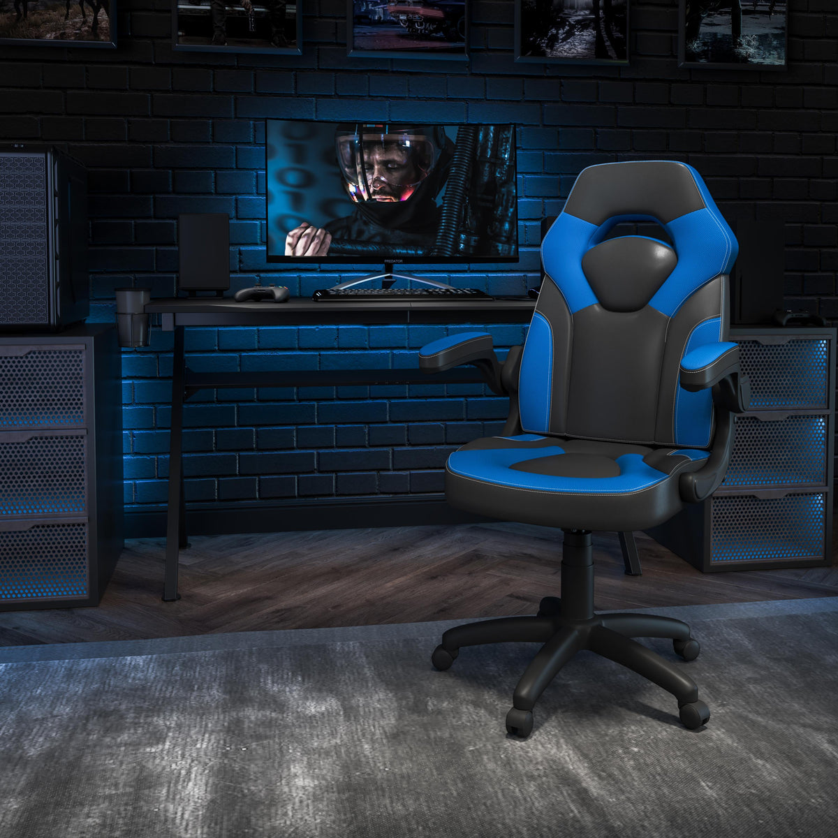 Flash Furniture High Back Black/Blue Racing Style Ergonomic Gaming Chair with Flip-Up Arms