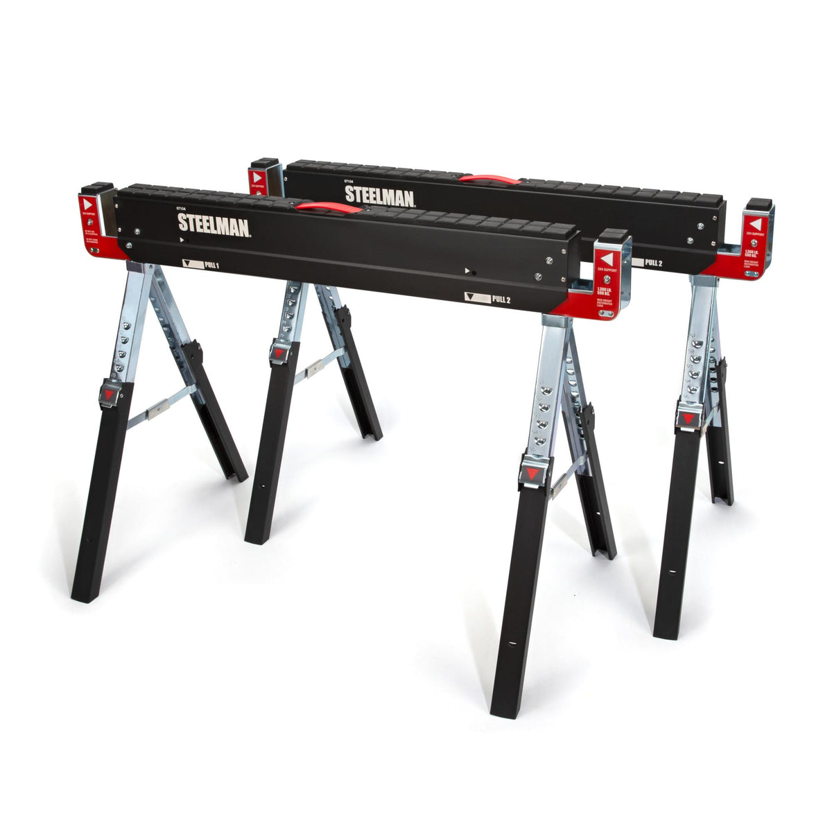 JS Products Steelman Height Adjustable Folding Sawhorse and Work Table - Set of 2