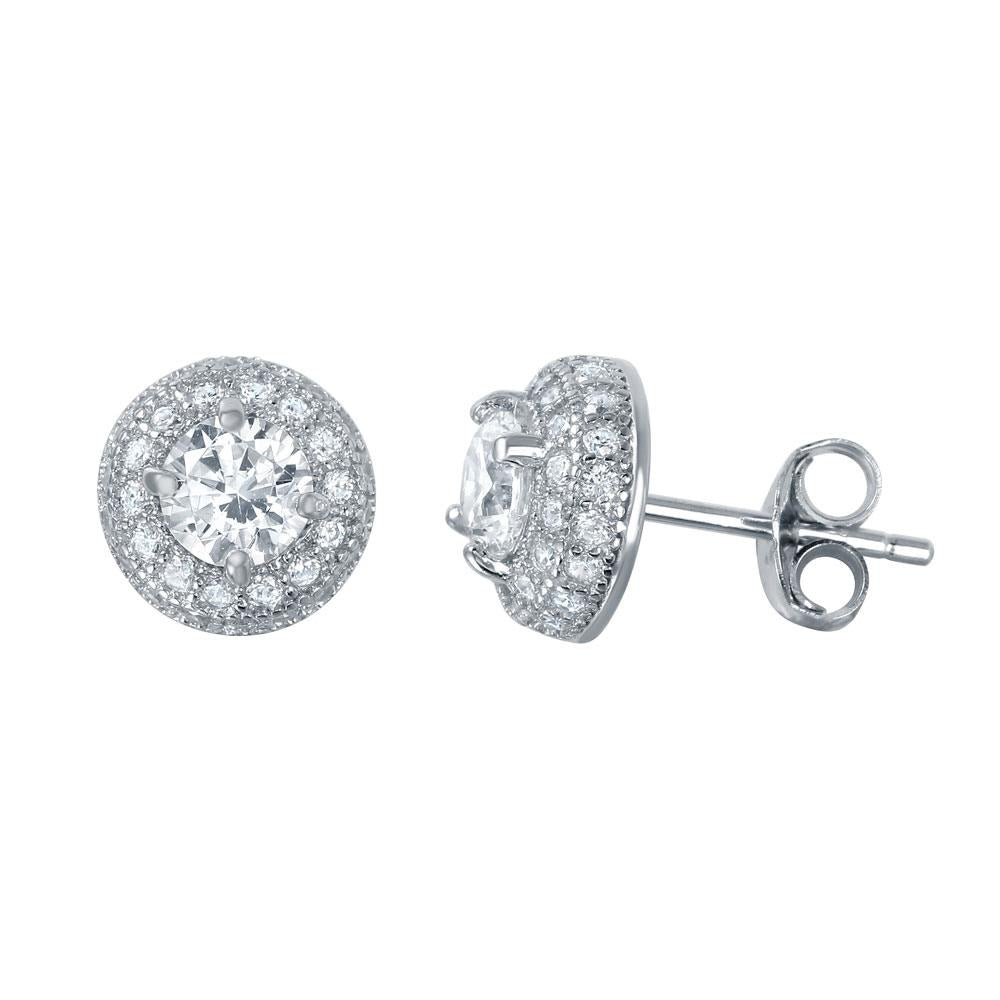PARIKHS Rhodium Plated Round Clear CZ Dome Stud Earring in 925 Sterling Silver