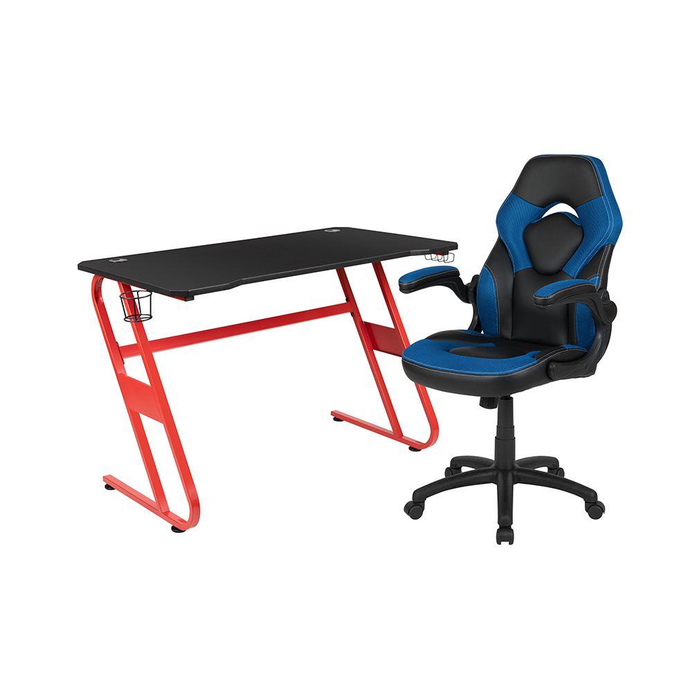 OSC Designs Red Gaming Desk and Blue/Black X10 Series Gaming Chair Set