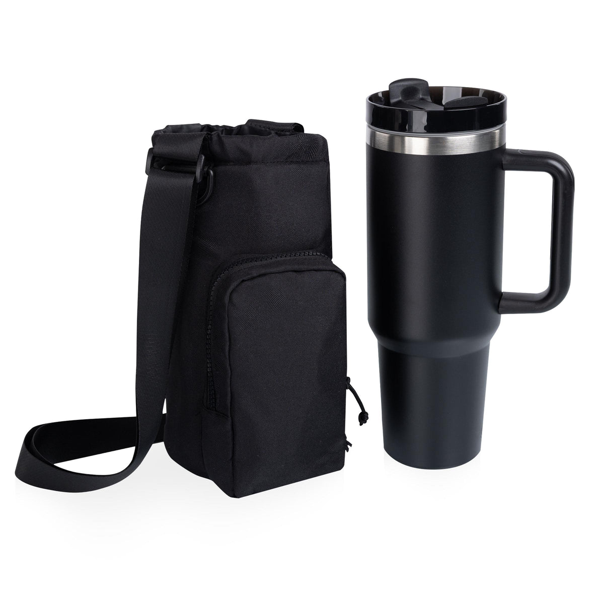 Picnic Time Eclipse Tumber Tote with 40oz Stainless Travel Mug, (Black with black mug)
