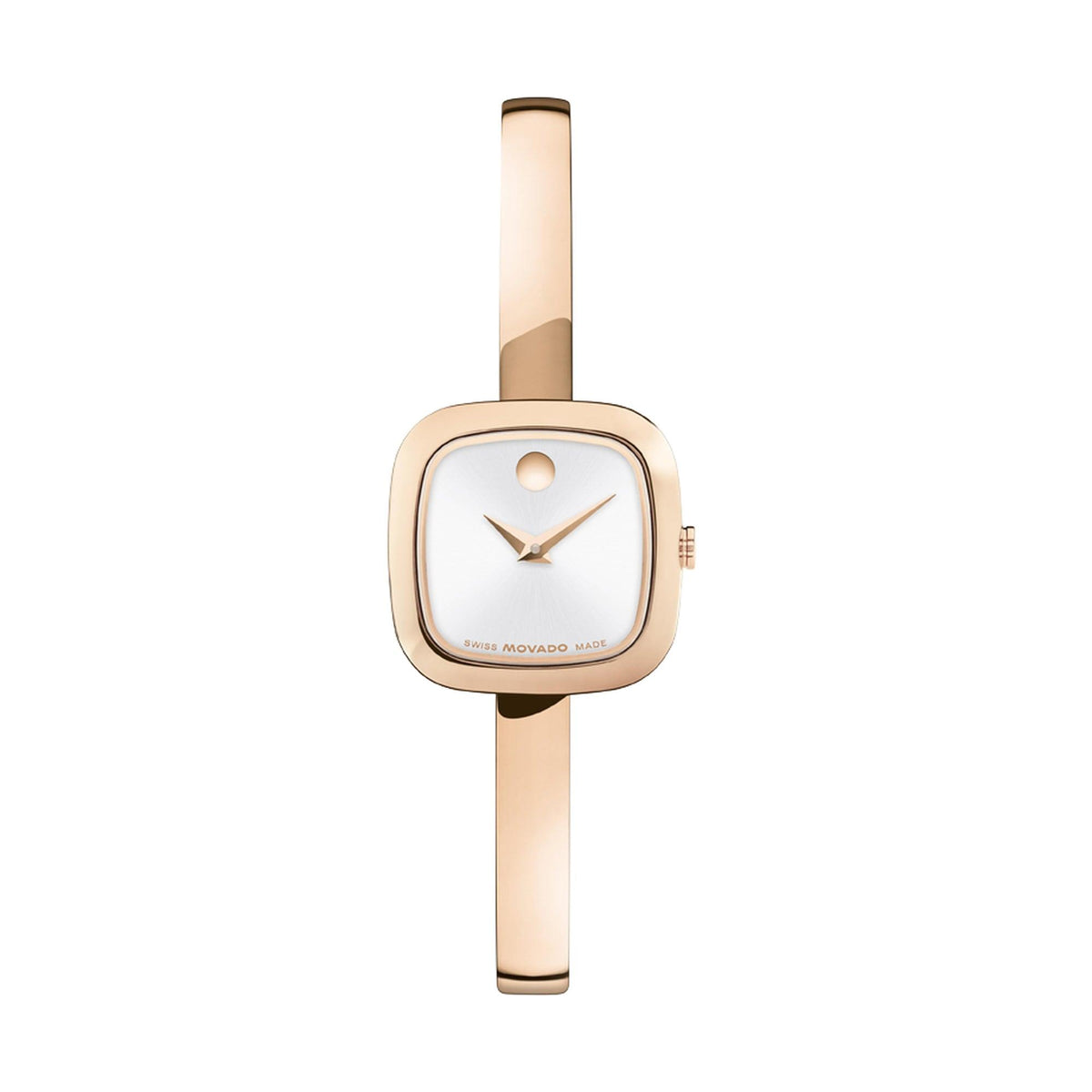 Movado Ladies Museum Bangle Rose Gold-Tone Stainless Steel Square Watch Silver Dial