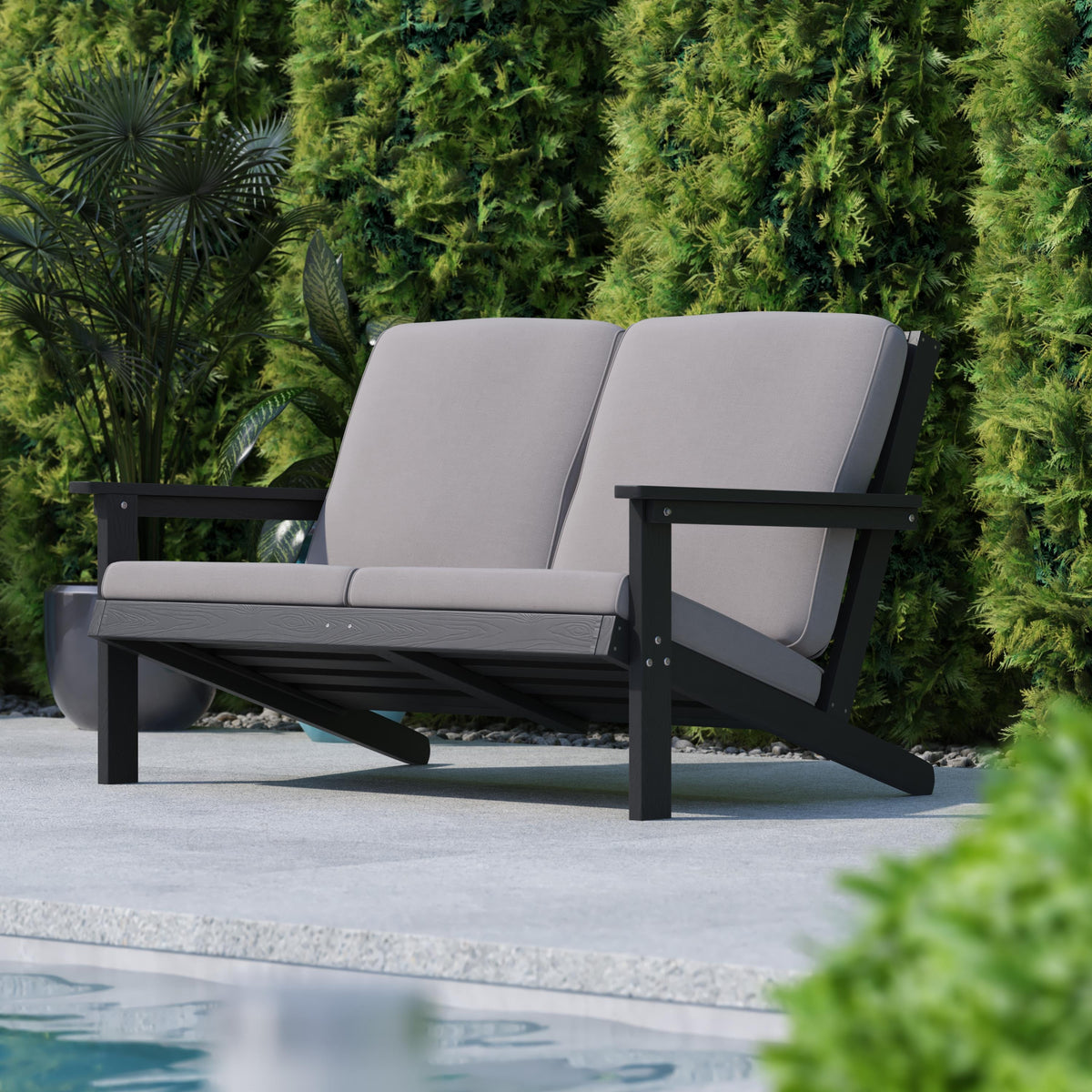 Flash Furniture All-Weather Poly Resin Adirondack Loveseat & Cushions - Natural Cedar/Cream