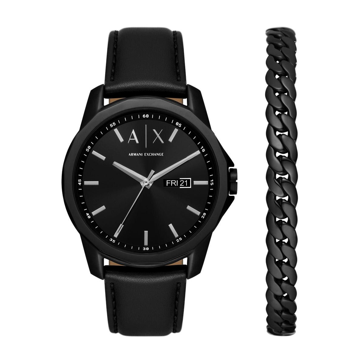 Armani Exchange Mens Banks Black Leather Strap Watch Gift Set