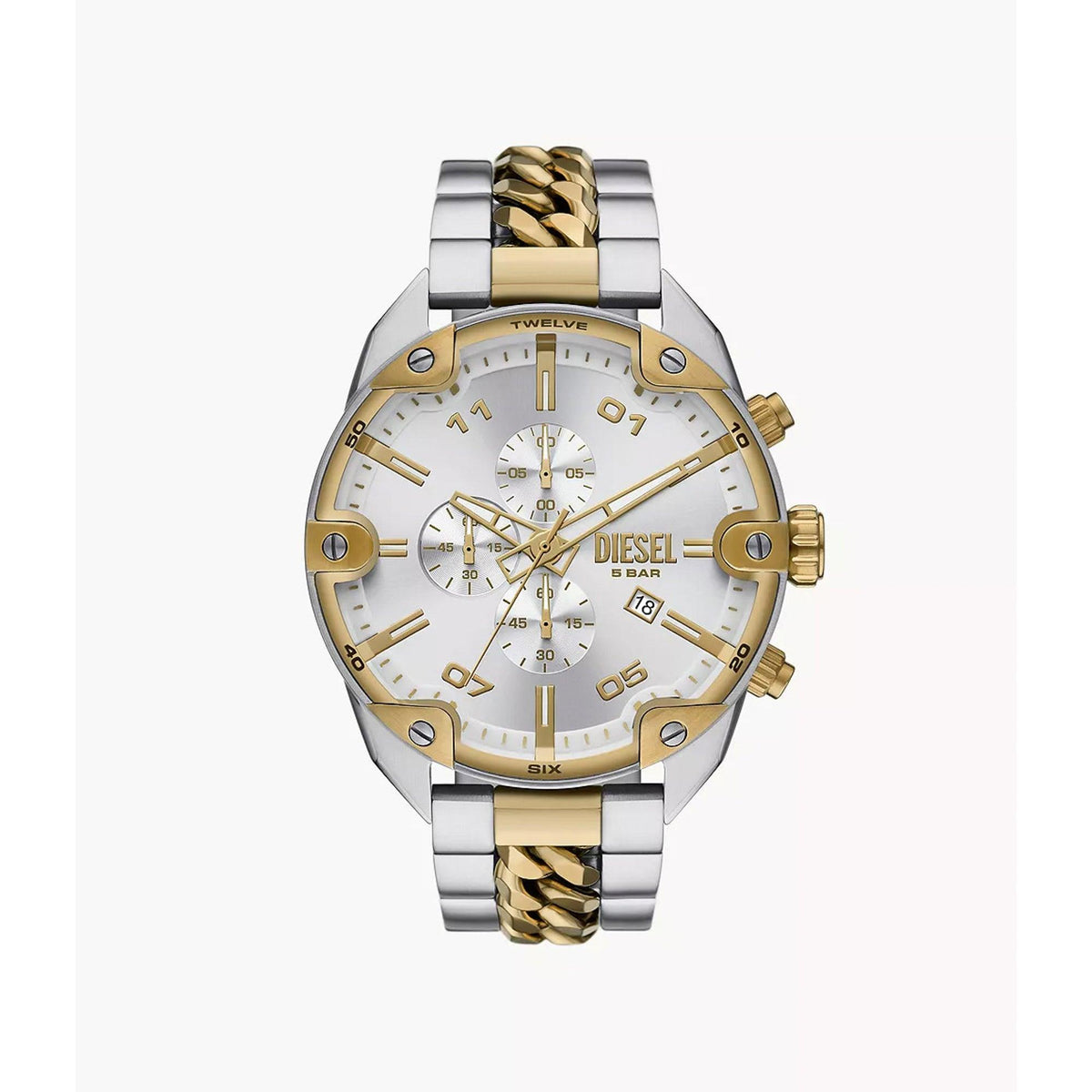 Diesel Mens Spiked Chronograph Two-Tone Stainless Steel Watch Silver Dial