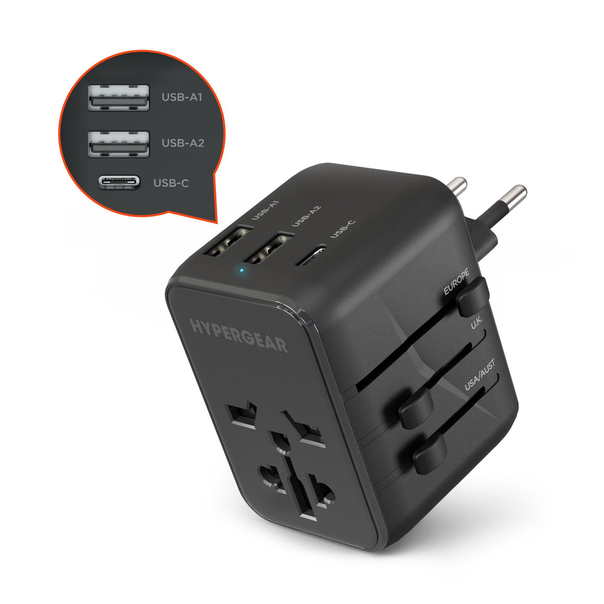HYPERCEL HyperGear WorldCharge Universal Travel Adapter with USB-C Blk