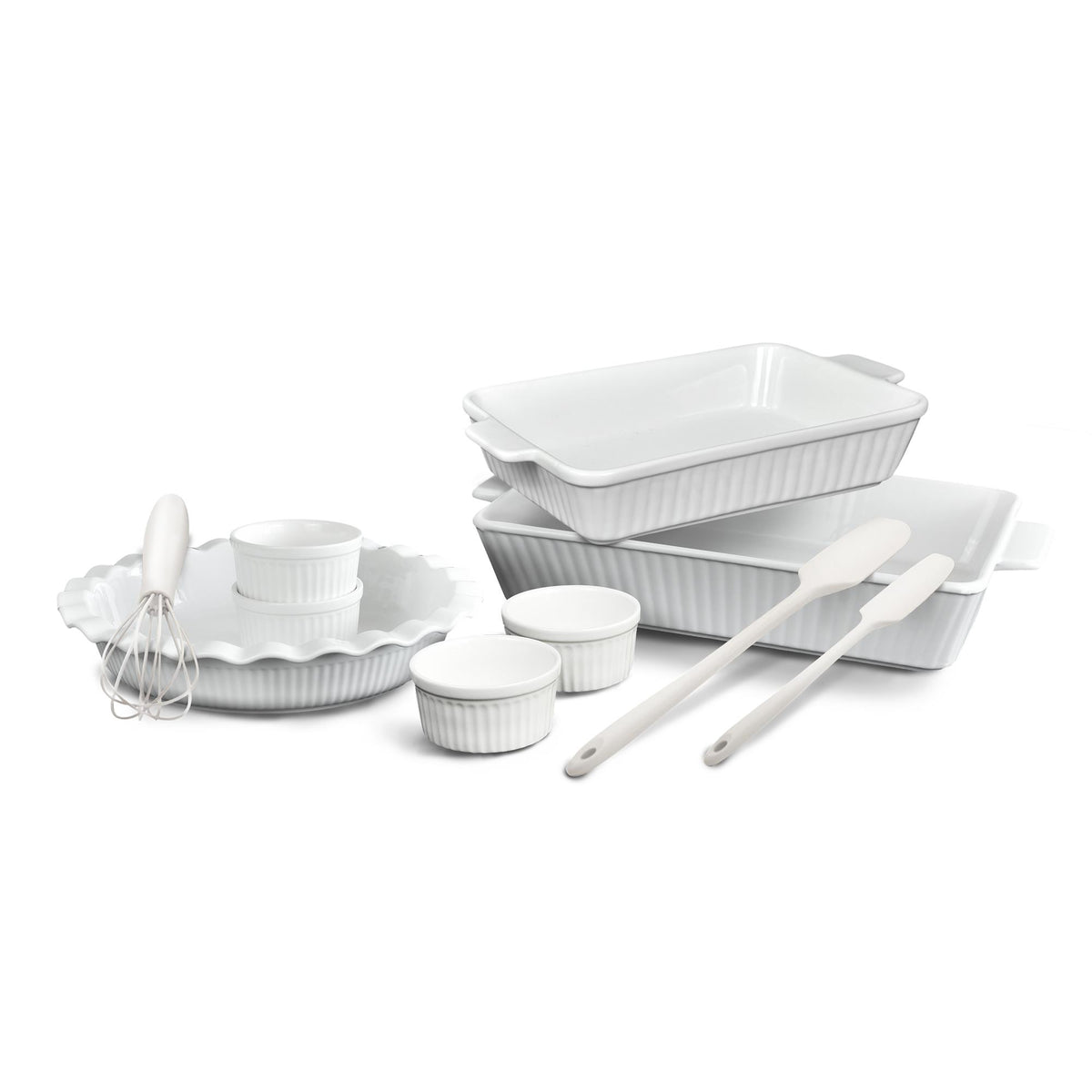 Gourmet Edge 10-Piece Stoneware Baking Set with Silicone Utensil - White