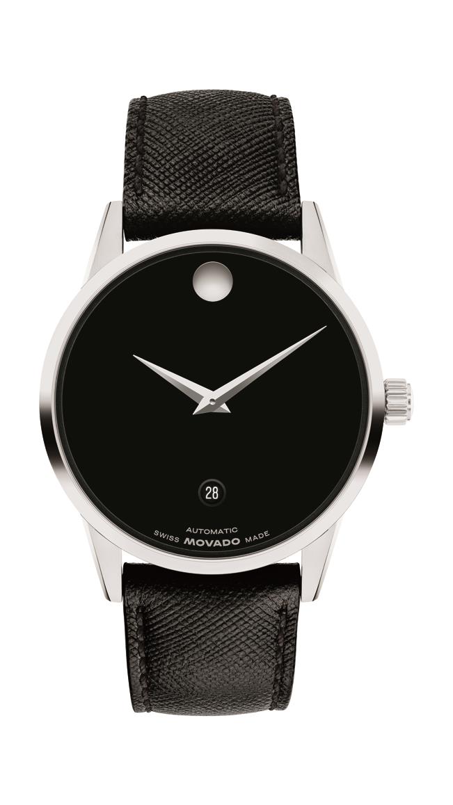 Movado Museum Automatic. Stainless Steel Case. Black Leather Strap. Black dial
