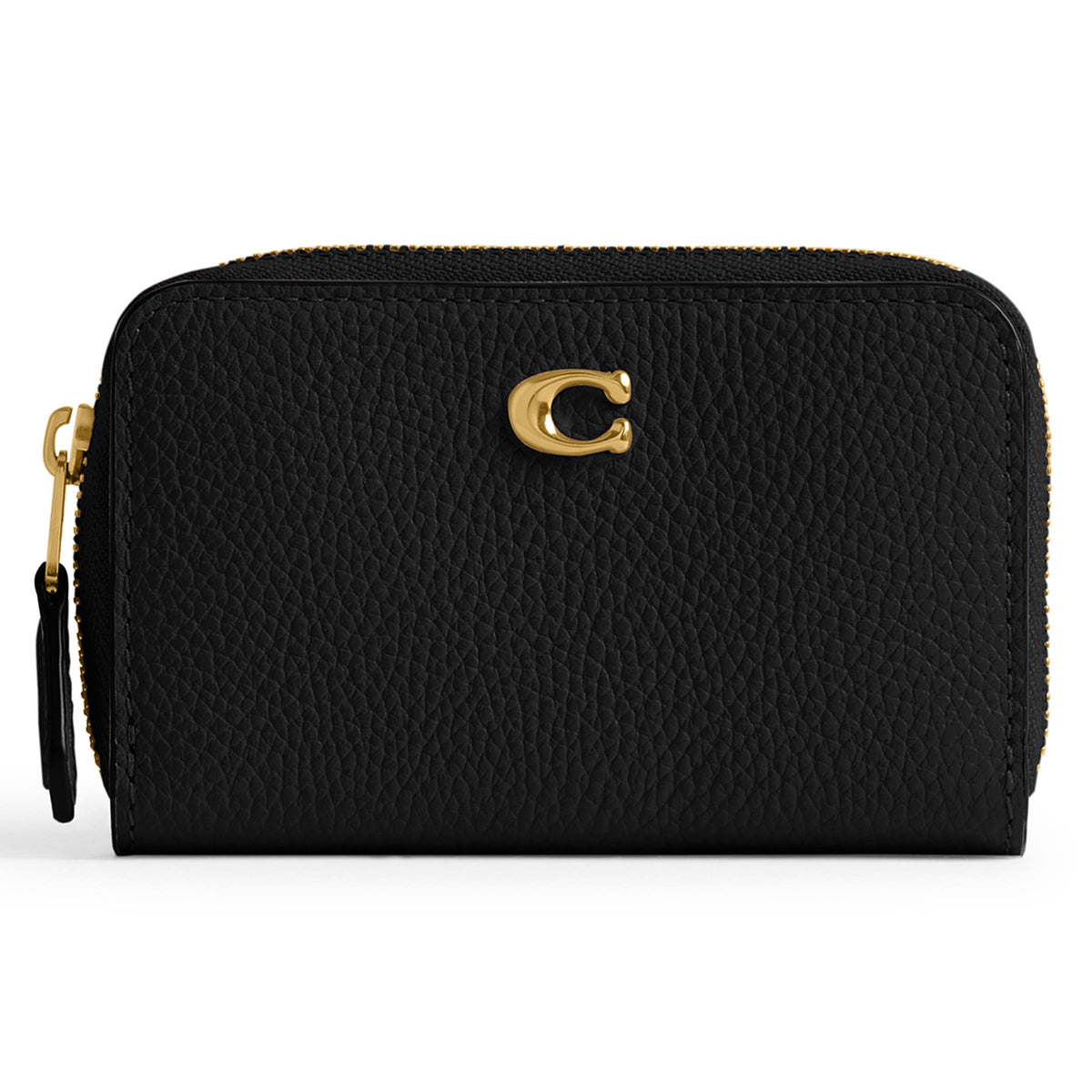 COACH Polished Pebble Leather Essential Small Zip Around Card Case - Black/Brass