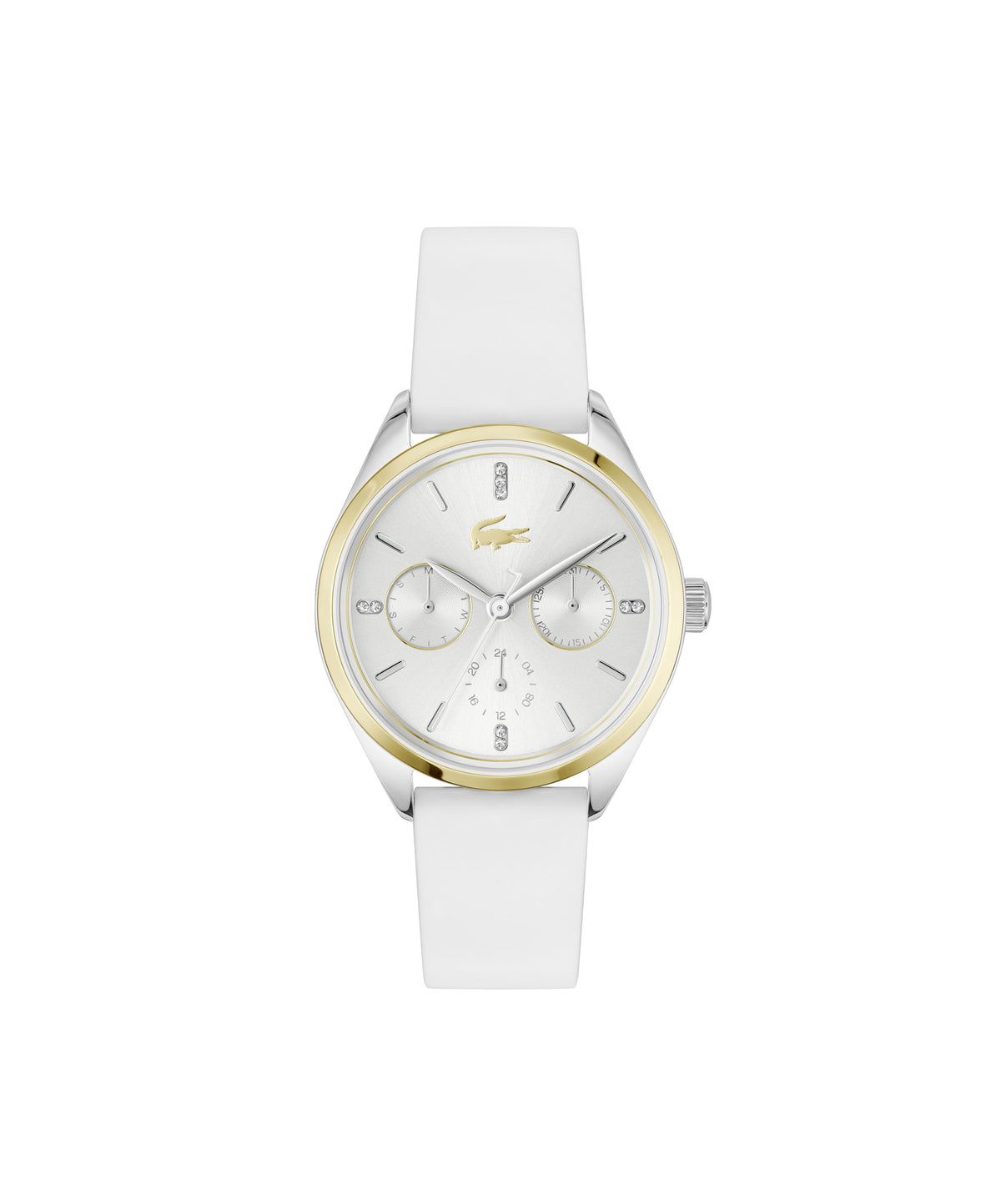 Lacoste Atena Ladies. Stainless Steel/Yellow Gold IP Case. White Silicone Strap. Silver White Dial.