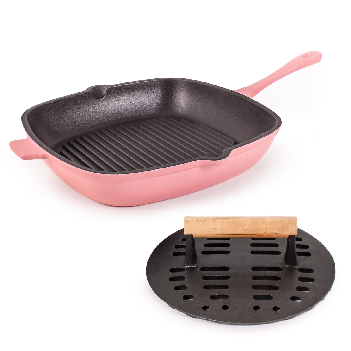 BergHOFF Neo 2pc Cast Iron 11" Grill Pan with Slotted Steak Press, Pink