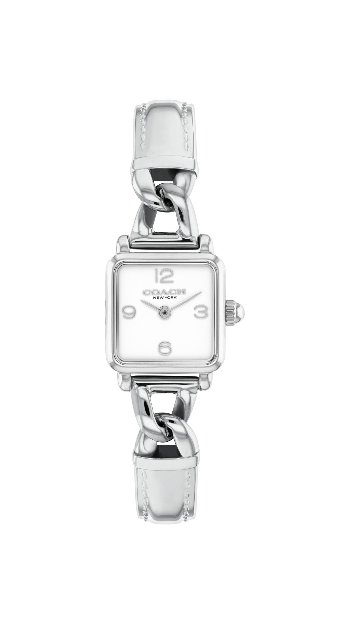 Coach Cass Ladies. Stainless Steel Square Case & stitched metal bangle bracelet. Silver White dial