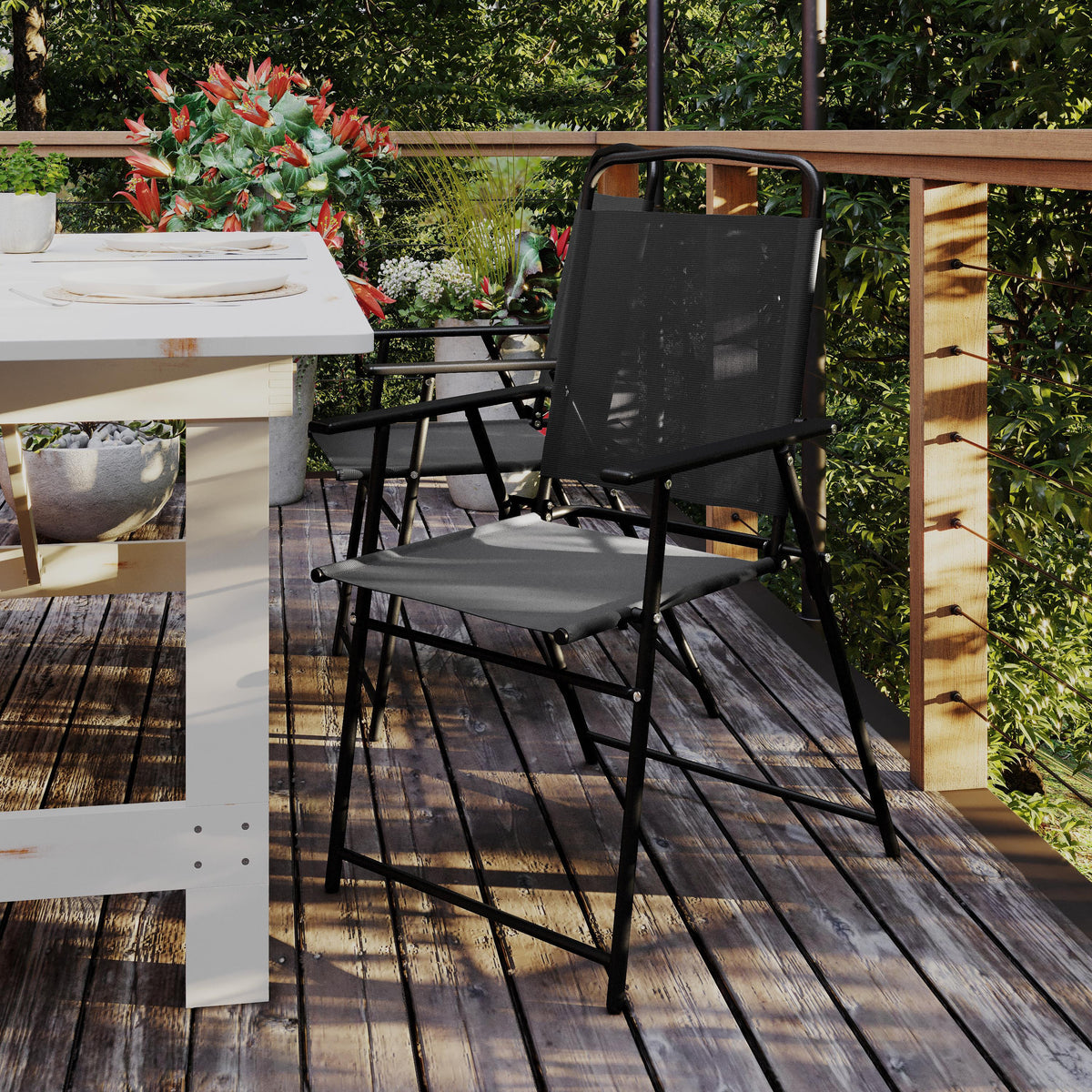 Flash Furniture Set of 2 All-Weather Textilene Patio Sling Chairs with Armrests - Brown