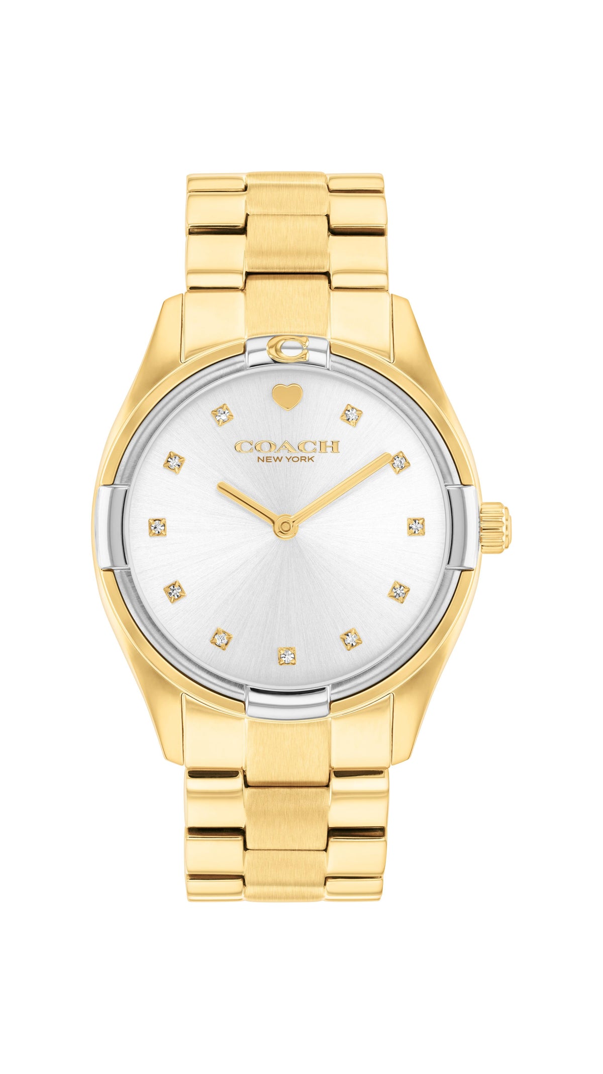Coach Brooks Ladies. Two-toned case & Gold Plated Bracelet. Silver White Dial with crystal markers