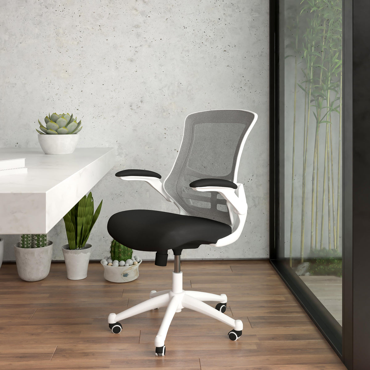 Flash Furniture Mid-Back Tan Mesh Ergonomic Task Office Chair, White Frame - Flip-Up Arms