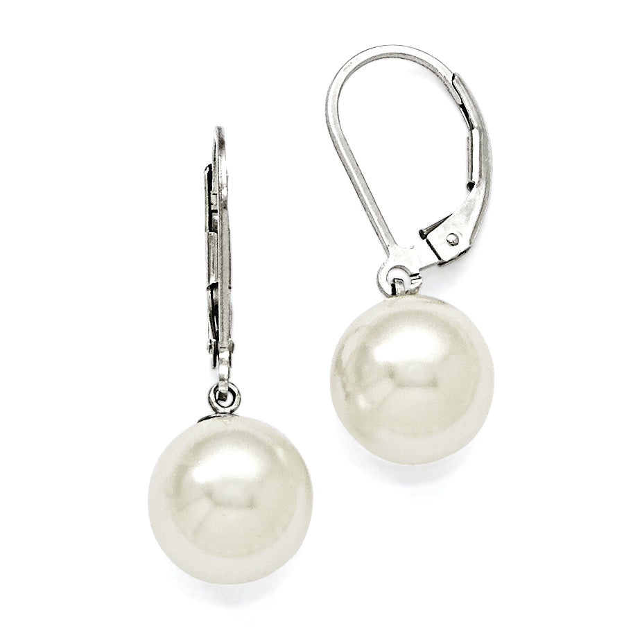 Distinctive Sterling Silver Majestik 10-11mm Round White Shell Bead Lever back Earring