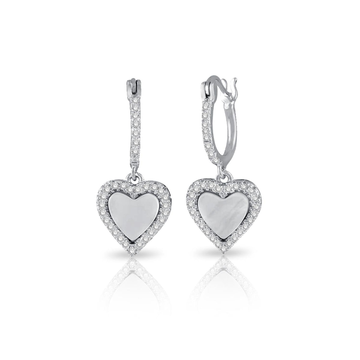 PARIKHS Rhodium Plated Dangling CZ Heart with Mother of Pearl huggie hoop Earrings in 925 Ssilver