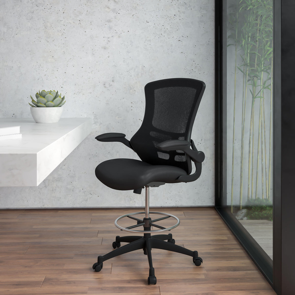 Flash Furniture Mid-Back Black Mesh Ergonomic Chair with Adjustable Foot Ring and Flip-Up Arms