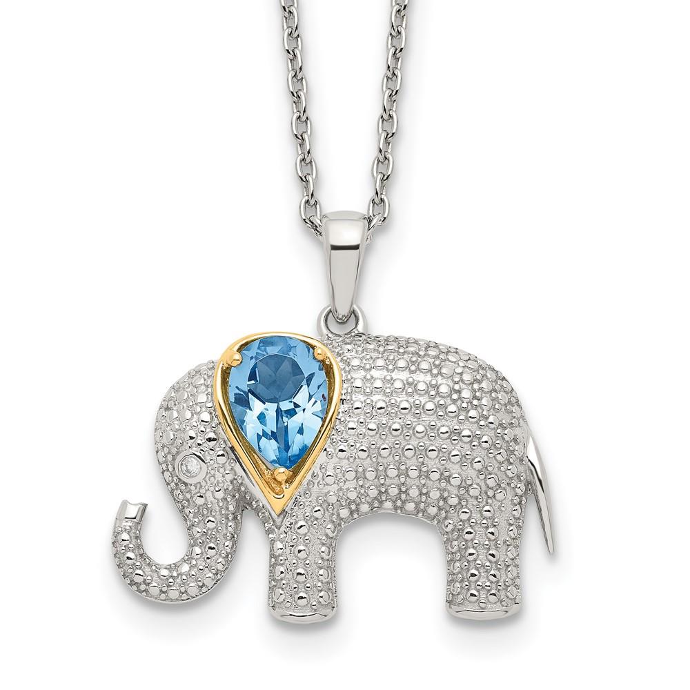 Distinctive Sterling Silver w/14k Blue Topaz Diamond Elephant 18" Necklace