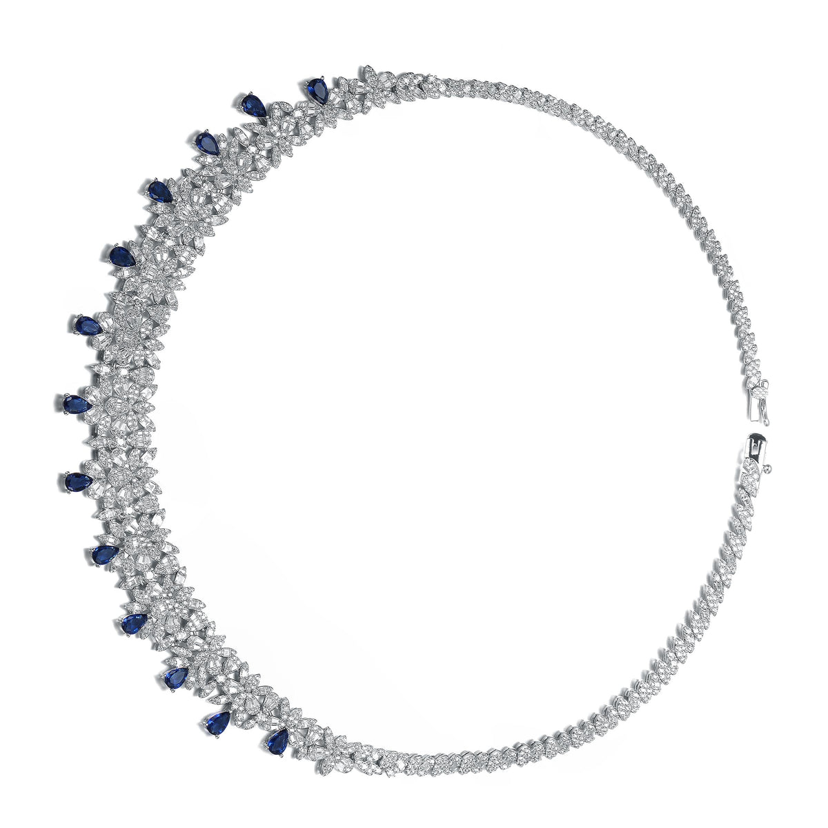 GENEVIVE CZ Rhodium Blue Statement Necklace Size 16"