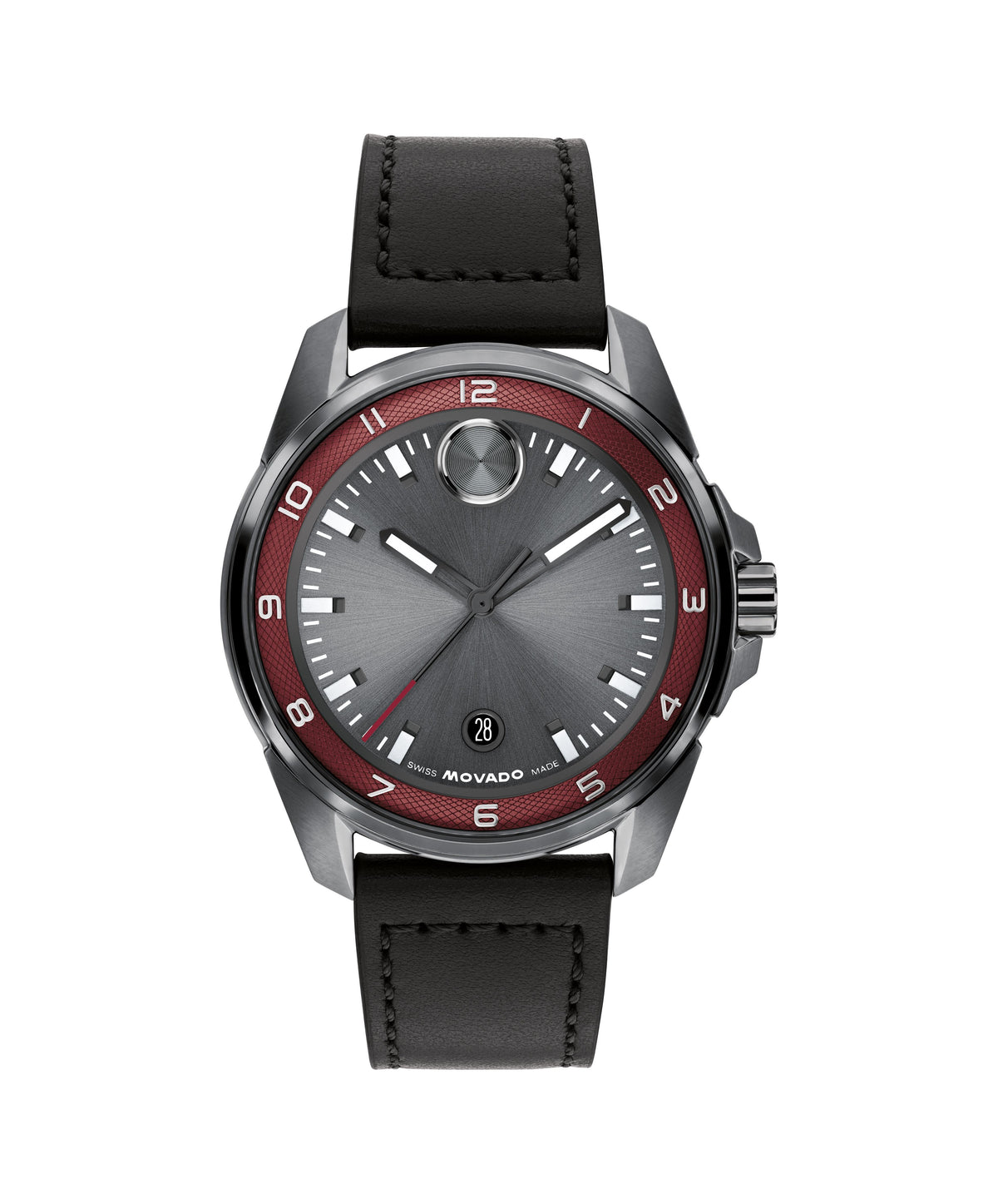 Movado Bold Verso S Gents. Gunmetal IP Case. Black Leather Strap. Gunmetal Dial.