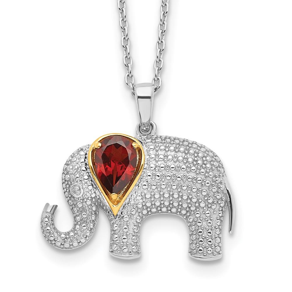 Distinctive Sterling Silver 14k Accent Rhodium Plated Garnet Diamond Elephant Necklace