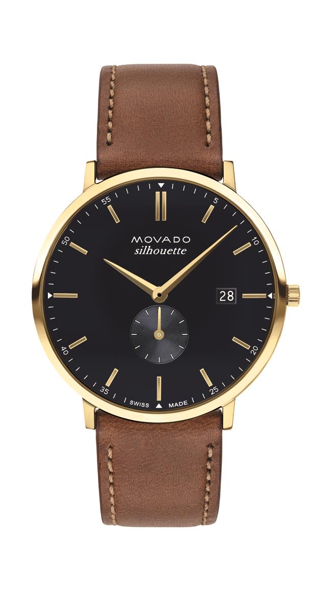 Movado Heritage Gents. Yellow Gold Ion-Plated Case. Cognac Leather Strap. Navy Dial with sub dial.