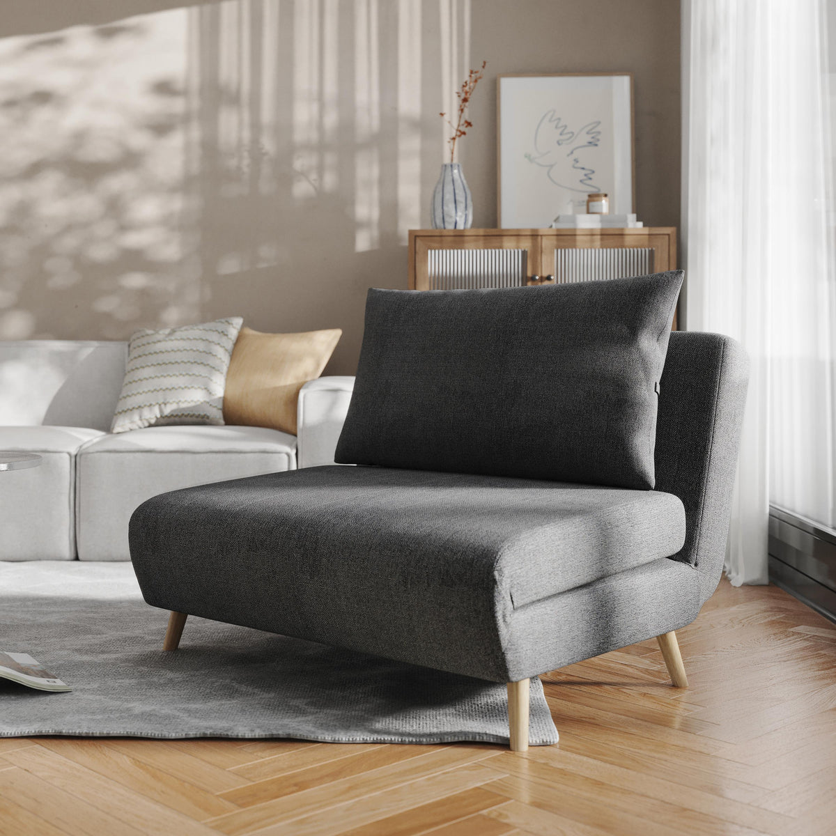 Flash Furniture Convertible Tri-Fold Chair with Pillow and Hideaway Legs in Dark Gray Fabric