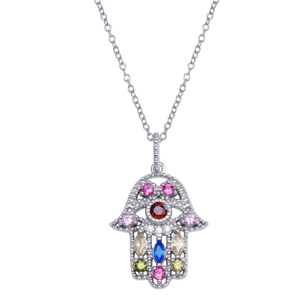 PARIKHS Silver CZ Multi Color Hamsa Necklace in 925 Sterling Silver