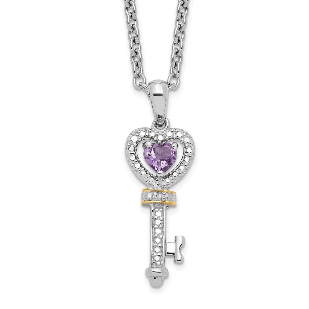 Distinctive Sterling Silver 14k Accent Amethyst and Diamond Key 18in Necklace