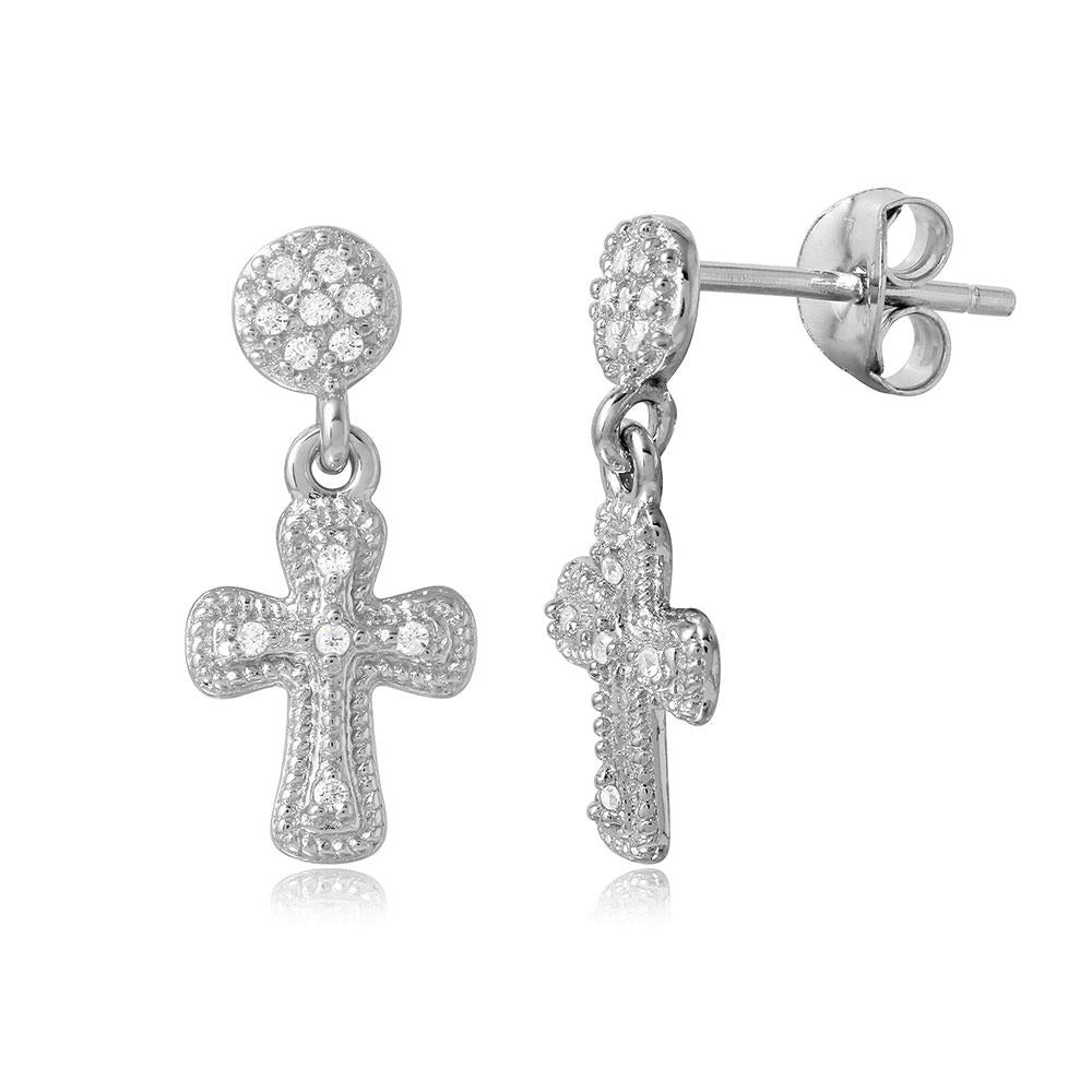 PARIKHS Rhodium Plated Hanging Cross CZ Earring in 925 Sterling Silver