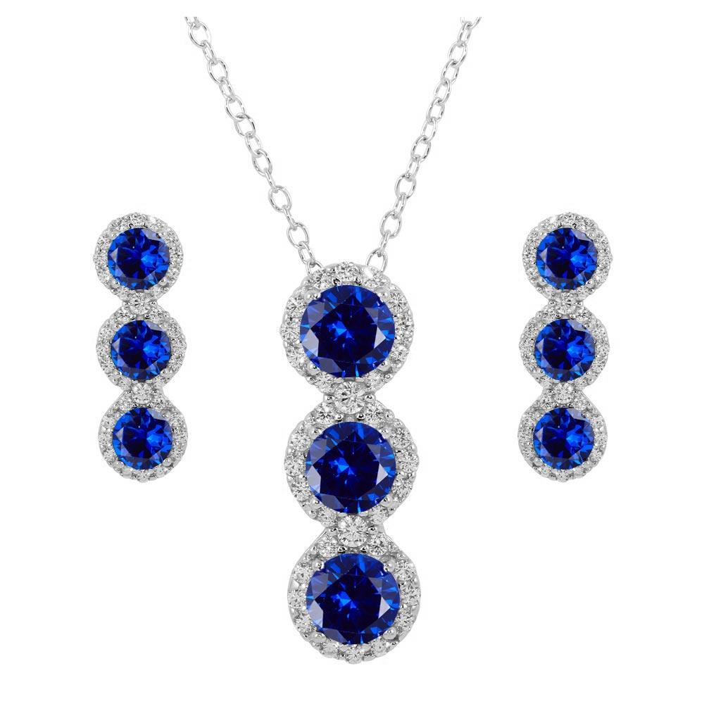 PARIKHS Rhodium Plated 3 Blue Stone CZ Necklace-Stud Earring Set in 925 Sterling Silver