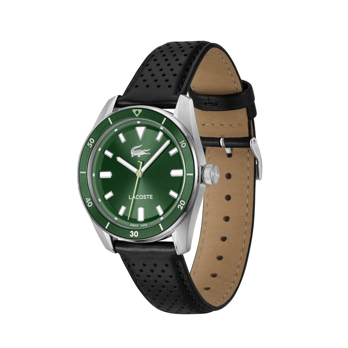 Lacoste Mens Boston Green & Black Leather Strap Watch Green Dial