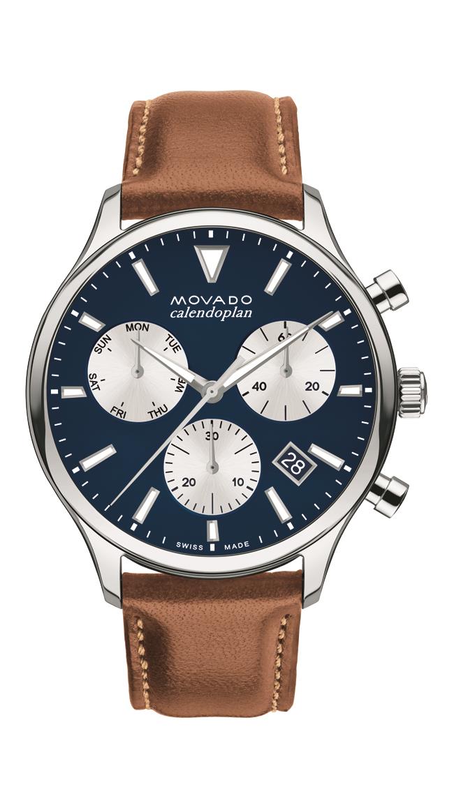 Movado Heritage Men's Chrono. Stainless Steel Case. Navy Dial. Cognac Calfskin Strap.