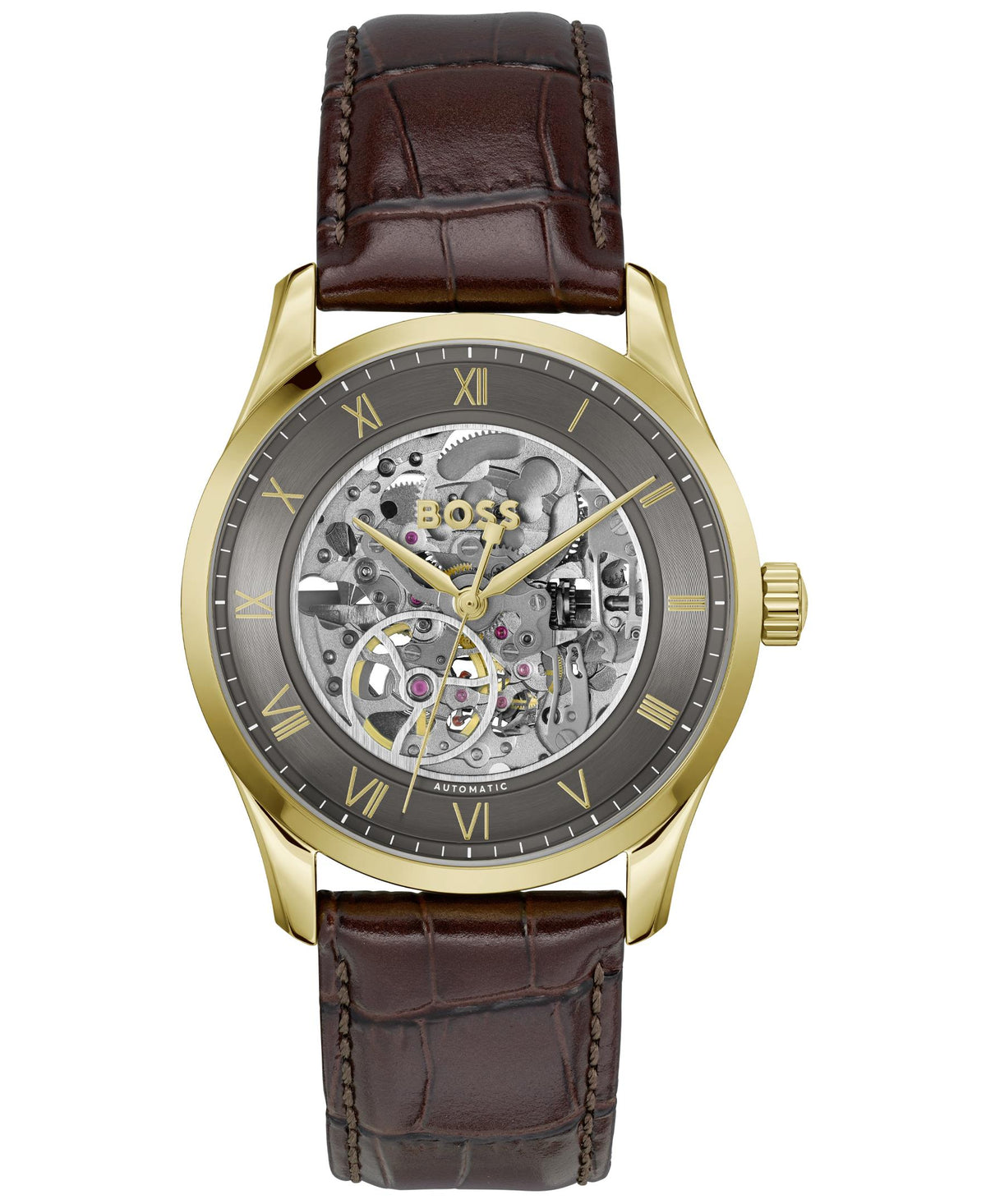 HUGO BOSS Boss Principle Skeleton Gents. Light Yellow Gold IP Case. Brown Calfskin Strap. Grey Dial.