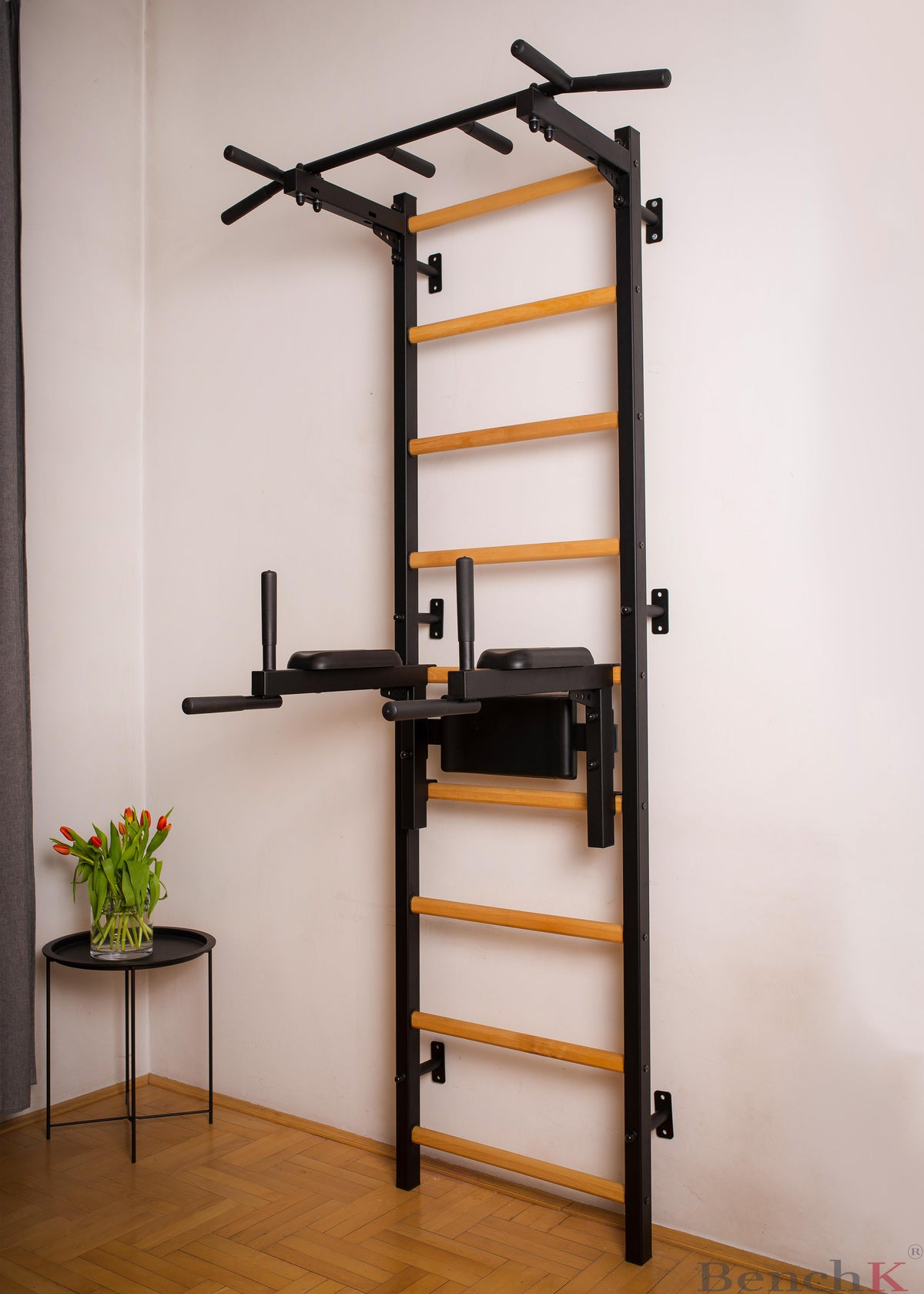 Black stall bar for home with pull-up bar and dip station BenchK 722B