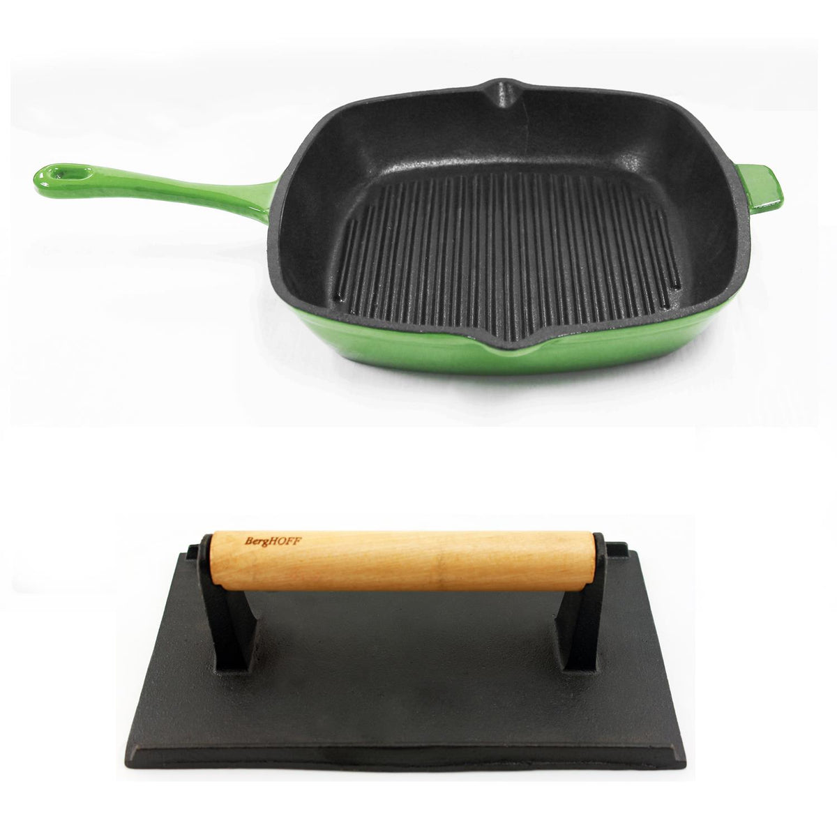 BergHOFF Neo 2pc Cast Iron Grill Set: Grill Pan & Bacon/Steak Press, Green