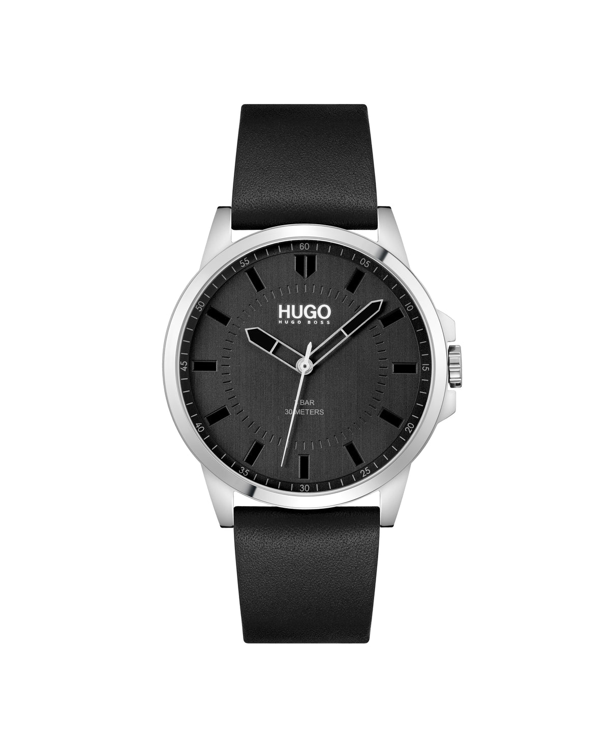 Hugo #First Gents. Stainless Steel Case & Black Leather Strap. Black Dial.