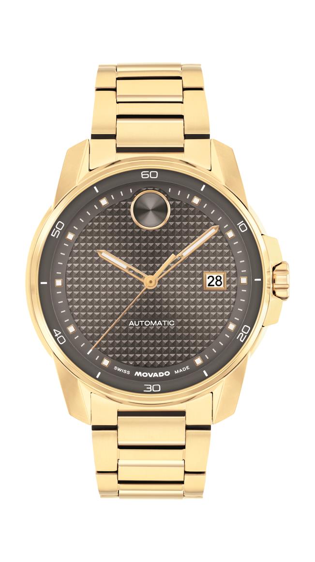 Movado Bold Verso Automatic Gents. Light Gold IP Steel Case & Bracelet. Grey Dial.