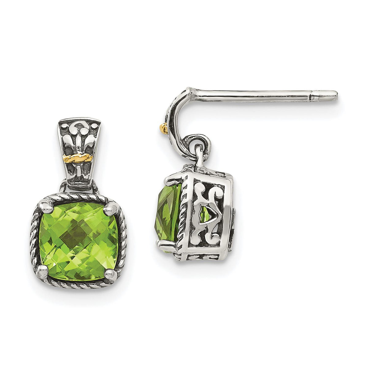 Distinctive Sterling Silver w/14k Peridot Dangle Post Earrings