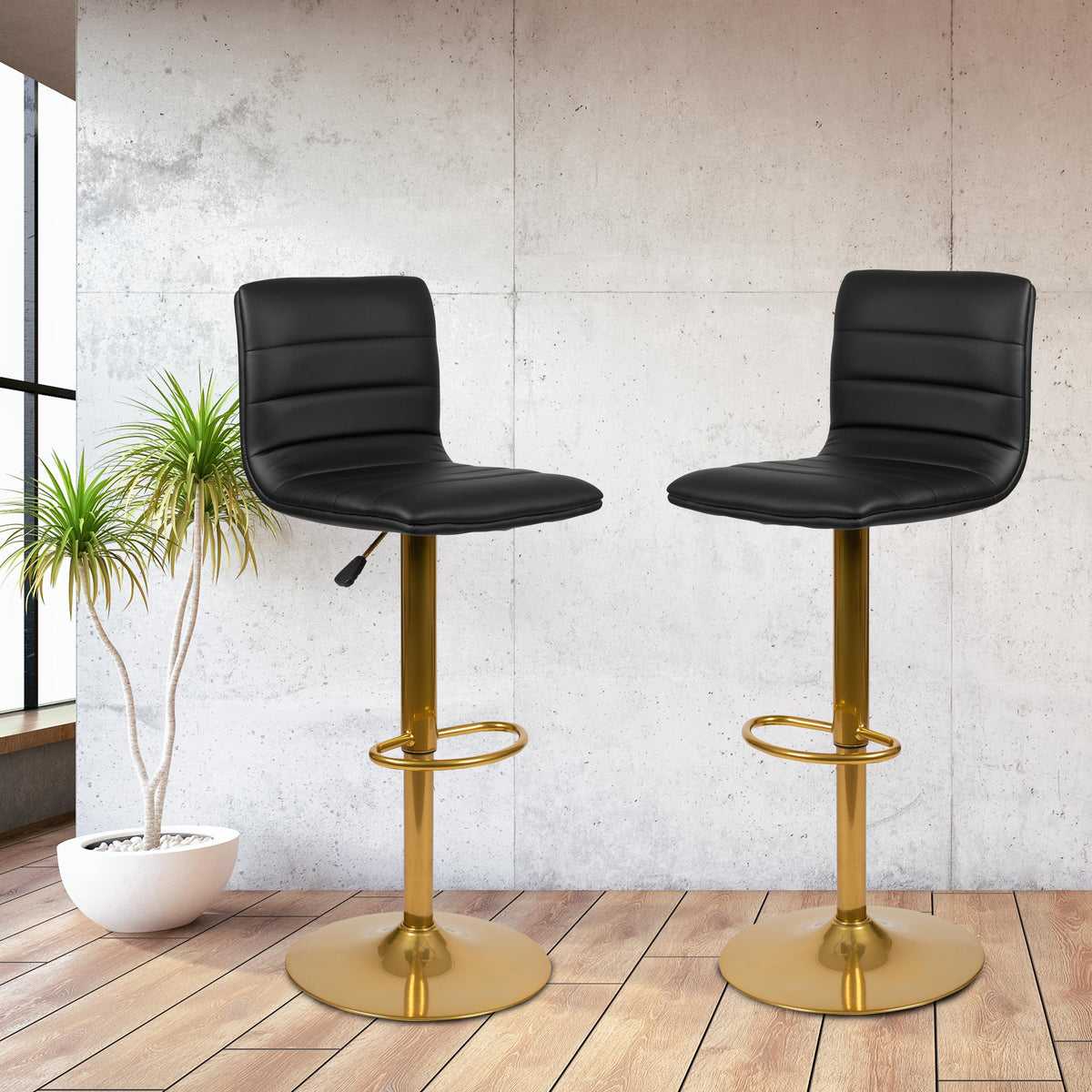 Flash Furniture 2PK White Vinyl Adjustable Height Barstool w/ Horizontal Stitch Back & Gold Base