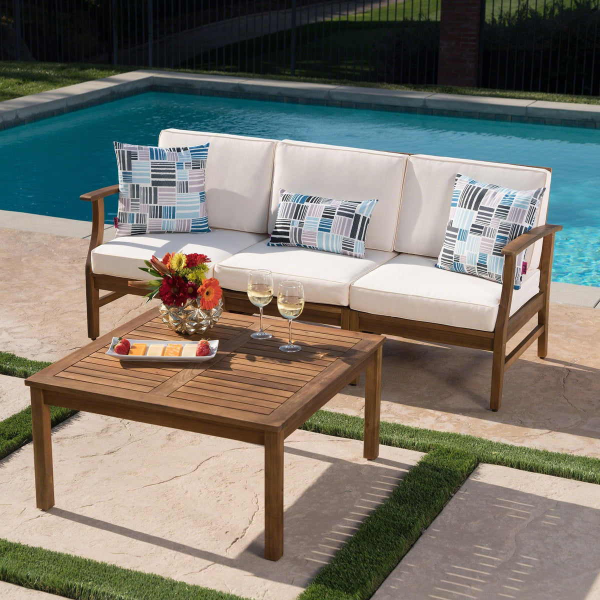 Stark Home Perla Outdoor 3-Seater Acacia Wood Sofa Chat Set