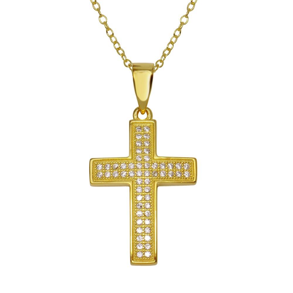 PARIKHS Gold Plated Cross Inlay Micro Pave CZ Cross Pendant with chain in 925 Sterling Silver