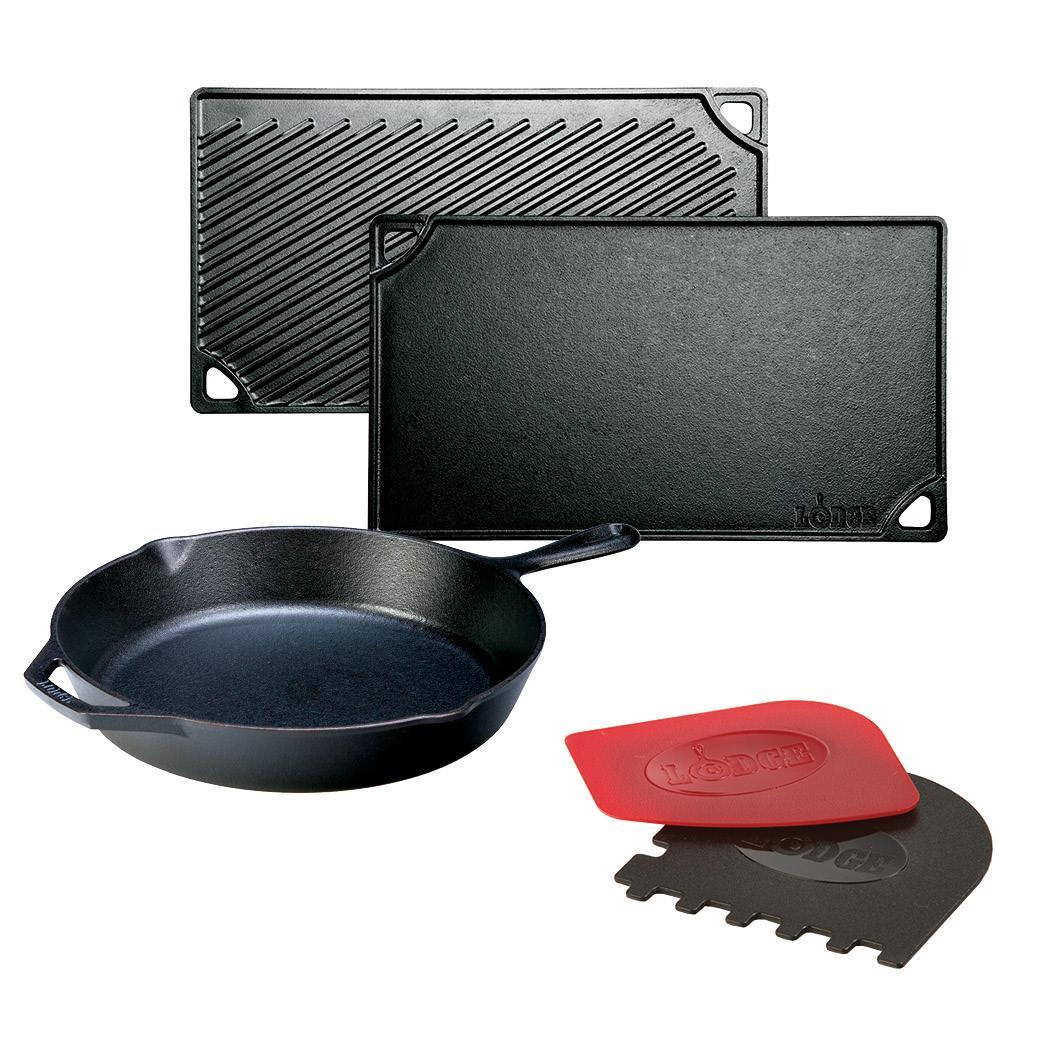 Lodge - 16.75-Inch Griddle, 12-Inch Skillet, & 2 Scrapers