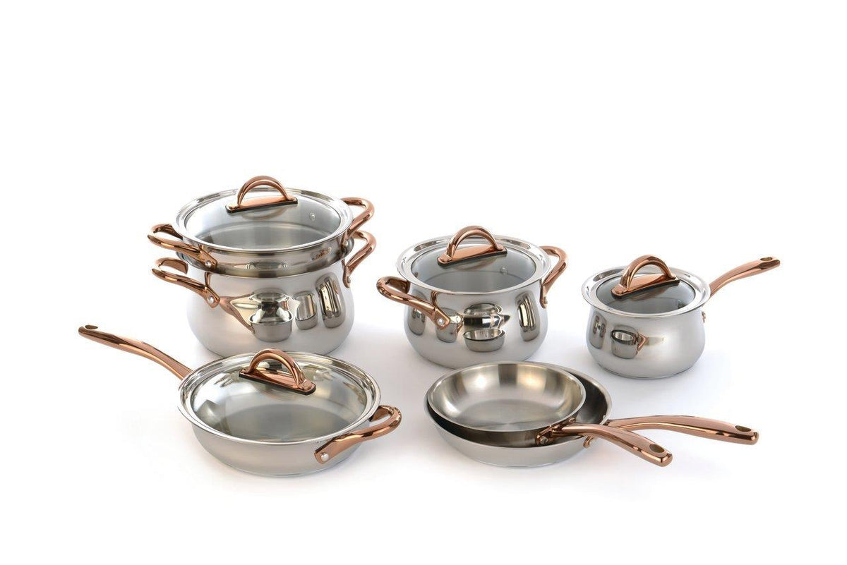 BergHOFF Ouro Gold 11pc 18/10 SS Cookware Set, Rose Gold Handles, Glass Lids