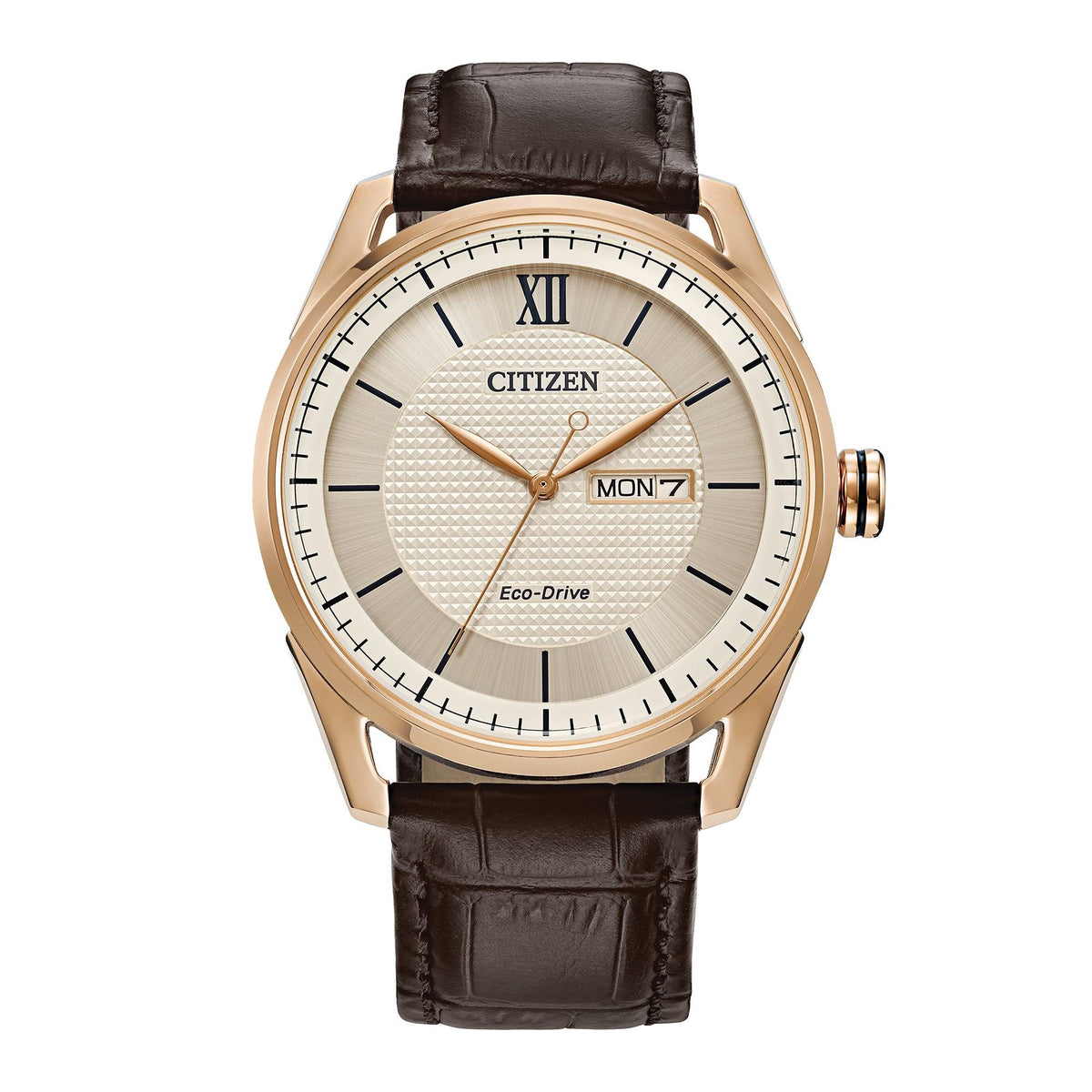 Citizen Mens Classic Eco-Drive Rose Gold & Brown Leather Strap Watch Ivory Dial