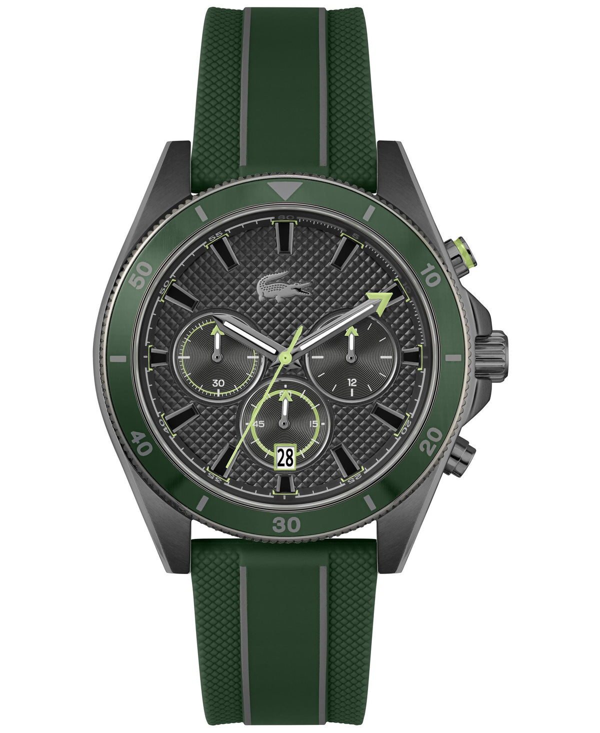 Lacoste Mainsail Gents. Black IP Case, Green aluminum bezel. Green Silicone Strap. Black Dial