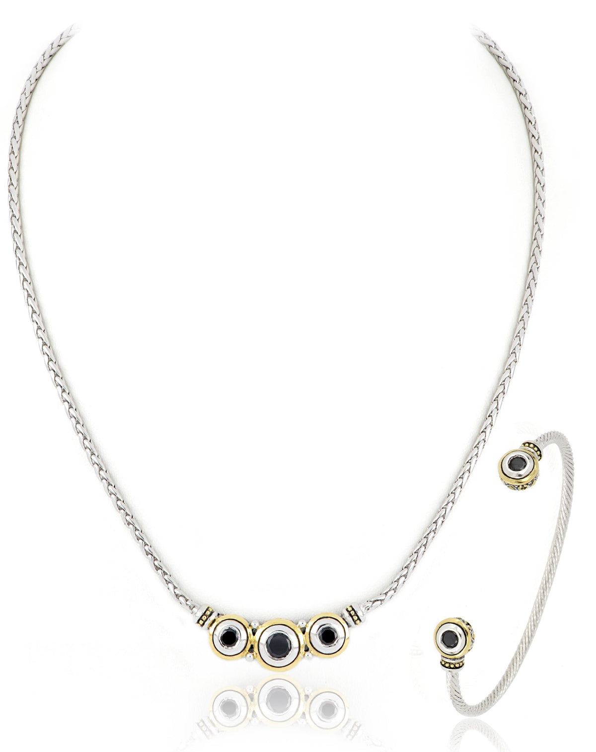 John Medeiros Beijios 3 Stone Necklace & Two Stone Large Cuff Bracelet, Black CZ - N5028-A503 & B5029-A500