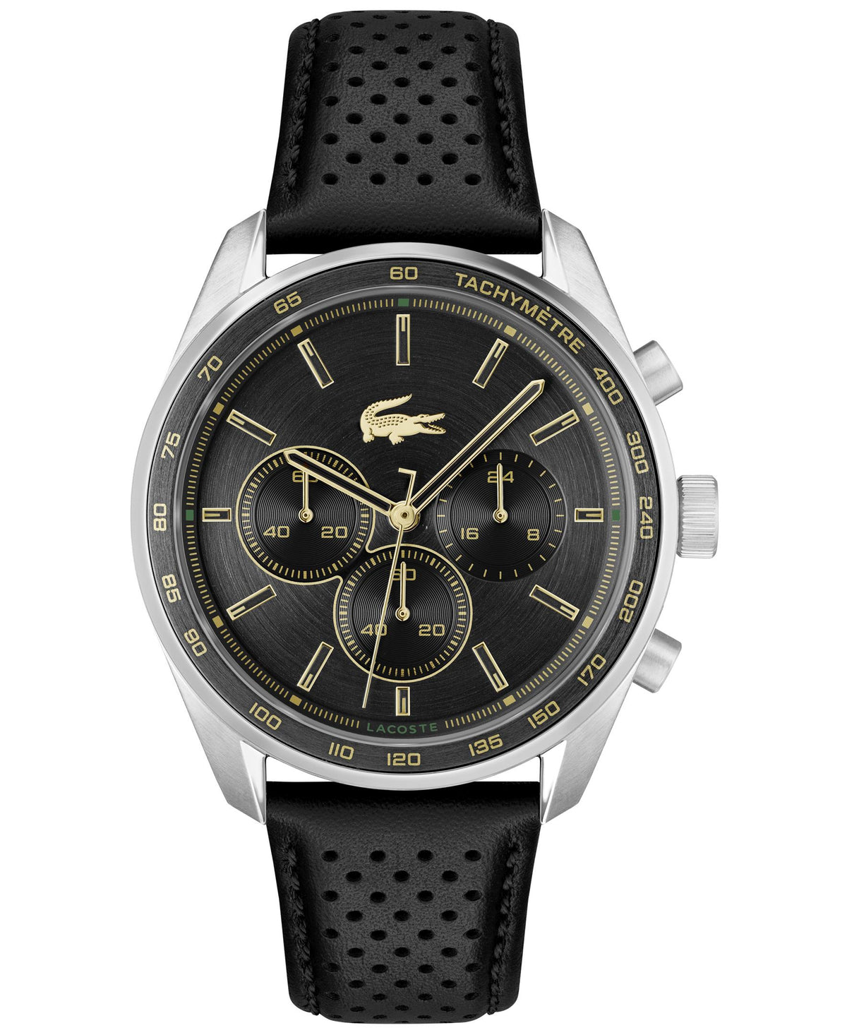Lacoste Boston Gents. Stainless Steel Case, Black Aluminum bezel. Black Leather Strap. Black Dial